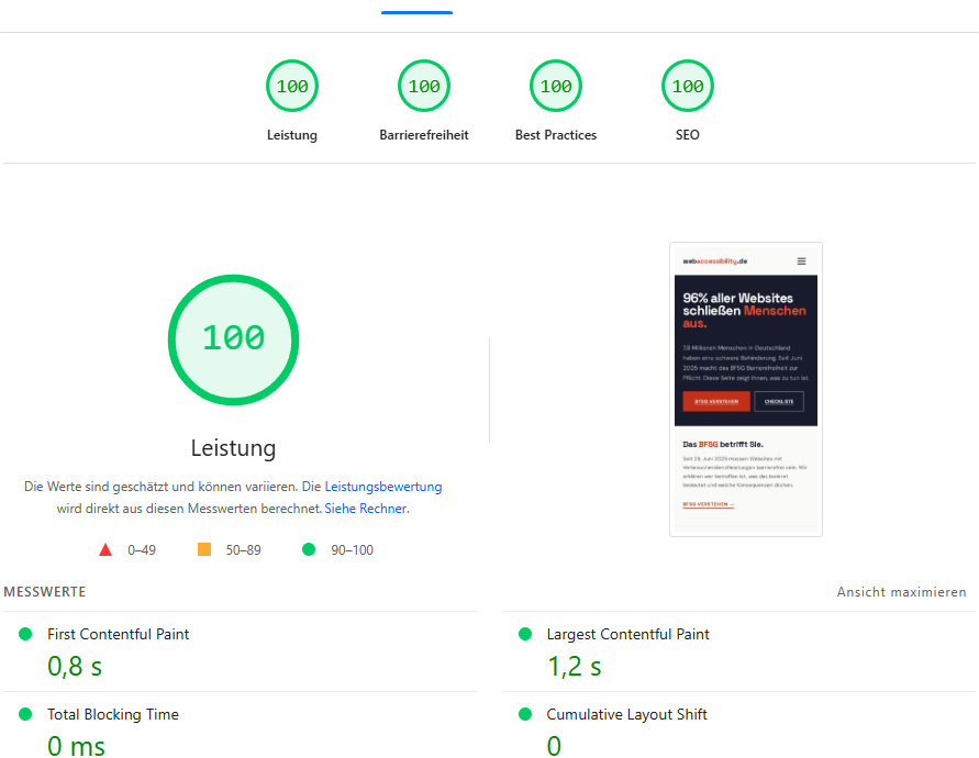 Google PageSpeed Insights Ergebnis für webaccessibility.de: Leistung 100, Barrierefreiheit 100, Best Practices 100, SEO 100. First Contentful Paint 0,8s, Largest Contentful Paint 1,2s, Total Blocking Time 0ms, Cumulative Layout Shift 0, Speed Index 2,0s